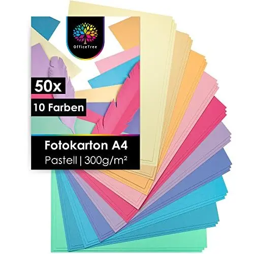 Produktbild: OfficeTree 50 x Tonkarton Pastell A4-300g/m² - Tonpapier Pastellfarben - 10 Farben - Tonpapier A4 - Fotokarton A4 zum Basteln und Gestalten
