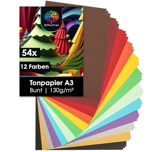Produktbild: OfficeTree 54 x Tonpapier A3 Bunt - 12 Farben - inkl. 2 Gold- und 2 Silberbögen - Buntes Bastelpapier 130g/m² - Tonkarton zum Basteln und Gestalten