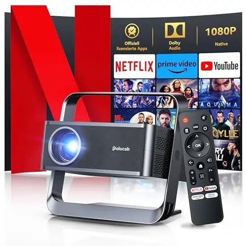 Produktbild: (Offizielle Netflix & 1080P FHD) Polocsh Beamer 4K Unterstützt 600 ANSI Smart Beamer mit Auto Trapezkorrektur Elektrischer Fokus WiFi 6 Bluetooth Projektor Heimkino Outdoor Mini Beamer