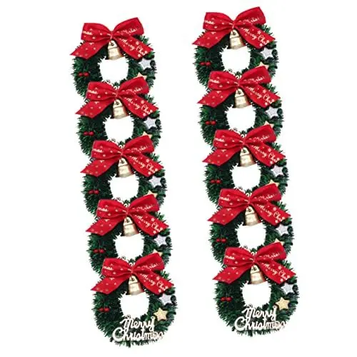 Produktbild: OFFSCH 10stücke Mini Weihnachtskranz Mit Schleife Und Glocke Miniatur Weihnachtsdeko Für Weihnachtsbaum Tür Wand Und Puppenhaus Diy Geschenkdeko Für Festtage