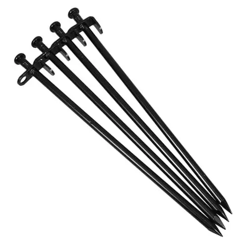 Produktbild: OFFSCH 4 Stücke Metall Boden Stakes für Gartenarbeit Gewächshaus Zelt Stake Eisen Material 30cm Gebogen Schwarz