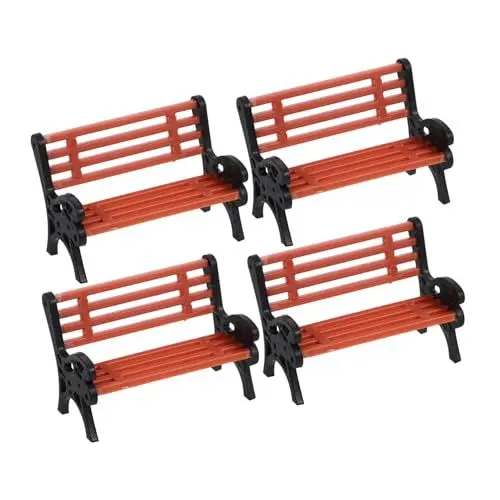 Produktbild: OFFSCH Miniaturmöbel-Requisite 4er-Pack Mini-Parkbank-Modell für Puppenhaus Sandtisch Gartenbalkon im Freien realistische Kunststoffbank für Miniaturszenen