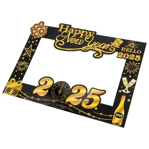 Produktbild: OFFSCH Schwarz Gold Fotorahmen Neujahrsparty Fotorahmen Frohes Neues Jahr Fotokabinenrahmen 2025 Party Fotokabinen Requisiten Zubehör 2025 Neujahrs Foto Requisiten Silvester Foto