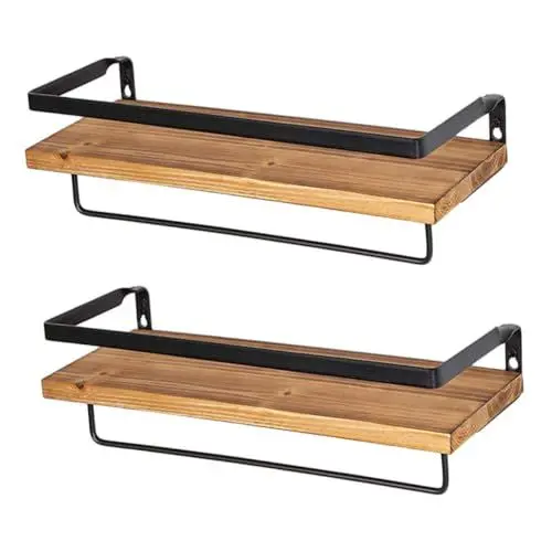 Produktbild: OFFSCH 2er Set Wandmontierte Holzablagen ändliche Küchenschränke & Badezimmer Regale Mit Haken Schwebende Holzregale Aus Kiefer Für Handtücher Und Zubehör