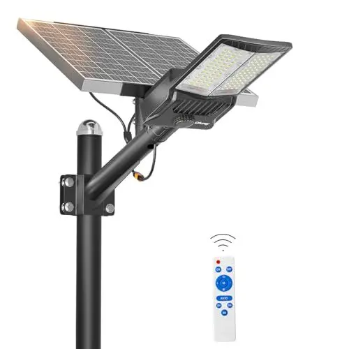 Produktbild: Ofuray Of-10600W Straßenlaterne für außen mit Bewegungssensor, Led Solarleuchten Dämmerung zu Morgengrauen, 6500K IP67 Wasserdichte Solarstrahler mit Fernbedienung für Gärten Garage Straßen