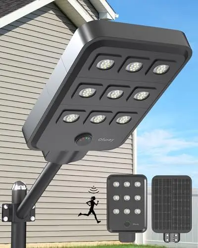Produktbild: Ofuray Solar Straßenlaterne mit Bewegungssensor, 90 LEDs, 6500K, IP67 Wasserdichte, Solarstrahler Außen, Solarlampen für Außen für Gärten Garage Straßen, ONY-Plus