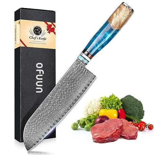 Produktbild: oFuun Damast Santokumesser Profi Messer, Scharfes Küchenmesser Messer Chefmesser 17,5cm Japanisches Kochmesser Damaststahl 67 Schichten mit Ergonomischem Griff Fleisch