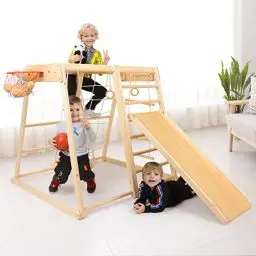 Produktbild: Ogelo Indoor-Spielplatz, Kleinkind-Holzspielset 9-in-1 mit Rutsche, Basketballrahmen, Schaukel, Klettergerüst, schwedischer Leiter, Klettergerüst, Strickleiter, Felswandkuppel für Kinder von 1–7
