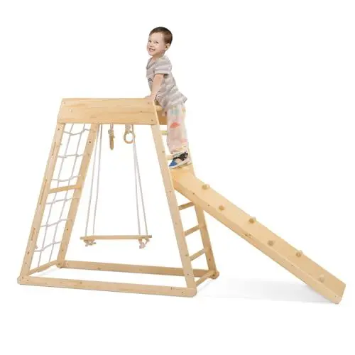 Produktbild: Klettergerüst Indoor,Kleinkinder-Holzspielzeug-Spielset 7in1 mit Klettergerüst, dreieckiger Kletterrampe, Rutsche, Schaukel,Klettergerüst, Strickleiter, Felswandkuppel kleine,Hochwertige Kiefer