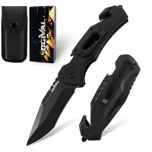 Produktbild: Ogival Klappmesser (Zweihandmesser),20CM Taschenmesser mit Aluminiumgriff und Taschenclip, 5-in-1 Edc Messer mit Nylonscheide, für Outdoor,Camping,Fischen,Jagen,Schwarz