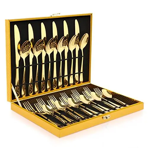 Produktbild: OGORI Besteck Set 6 Personen, 30 teilig Spiegelpolierte Gold Besteckset 18/10 Edelstahl Essbesteck Set mit Messer Gabel Löffel für Home/Party/Restaurant (Geschenkbox)