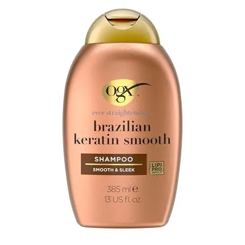Produktbild: OGX Brazilian Keratin Smooth Shampoo, glättende Haarpflege mit Kokosöl, Avocadoöl & Keratin für geschmeidiges & glänzendes Haar, pflegendes Keratin Shampoo mit LipiPro Shield Technologie (385 ml)