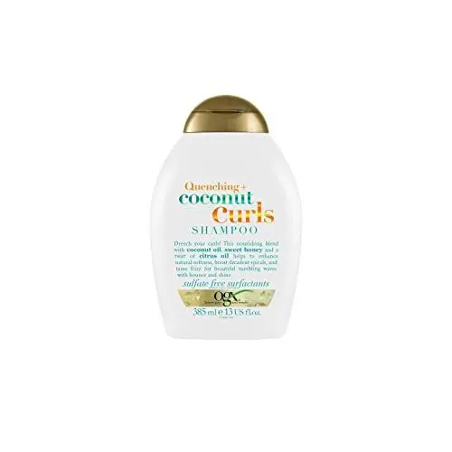 Produktbild: OGX Quenching + Coconut Curls Shampoo, feuchtigkeitsspendendes Locken Shampoo mit Kokosöl, Zitronenöl & Honig, Haarpflege Shampoo ohne Sulfate, Haarshampoo für glänzende, definierte Locken (385 ml)