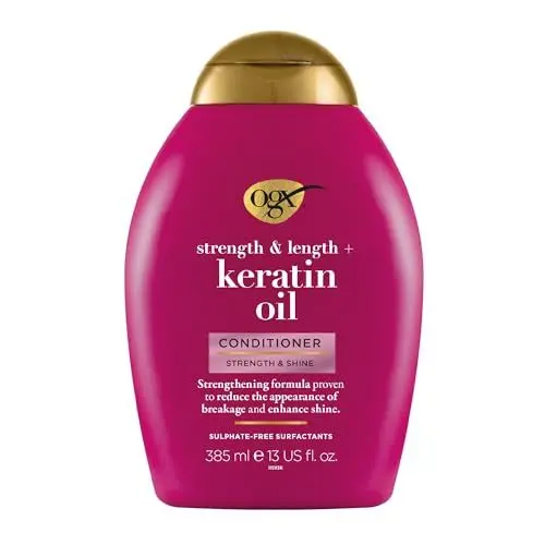 Produktbild: OGX Strength & Length + Keratin Oil Conditioner (385 ml), kräftigende Anti-Haarbruch Haarspülung mit Keratin Proteinen und Arganöl, Haarpflege Spülung, sulfatfrei
