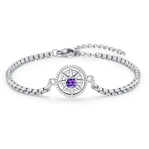 Produktbild: OHAYOO Damen Armband Silber 925 Kompass Geburtsstein Februar Amethyst Armband Schmuck für Damen Herren Mädchen Teenager Geschenke