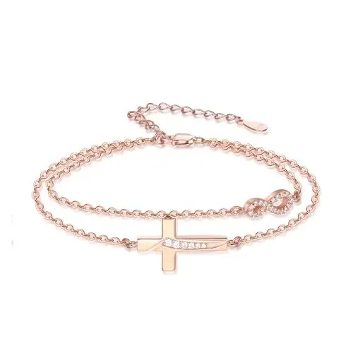 Produktbild: OHAYOO Infinity Armband Damen 925 Sterling Silber Rosegold Armband Unendlichkeitszeichen mit Kreuz Armband Infinity Schmuck Geschenke für Freundin Frauen Mädchen Mama