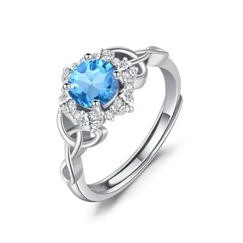 Produktbild: OHAYOO Keltischer Ring Damen 925 Sterling Silber Aquamarin Ring Frauen Dezember Geburtsstein Ringe Verstellbar Zirkonia Schmuck für Damen Mädchen Freundin Mama Tochter