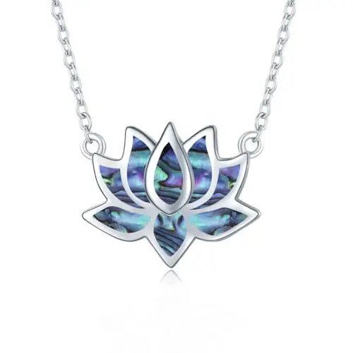 Produktbild: OHAYOO Opal Lotus Kette Damen 925 Sterling Silber Lotus Anhänger Halskette Yoga Heilung Charms Damen Lotus Blume Kette Opal Schmuck Geschenke für Frauen (Abalone-Muschel)