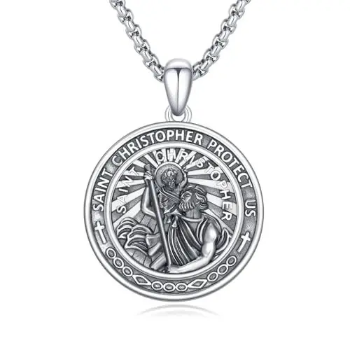 Produktbild: OHAYOO St Christophorus Kette 925 Sterling Silber Religiöser Amulett Halskette Sant Christophorus Anhänger Herren Beschützer Talisman Religiöser Schmuck für Herren Männer Frauen