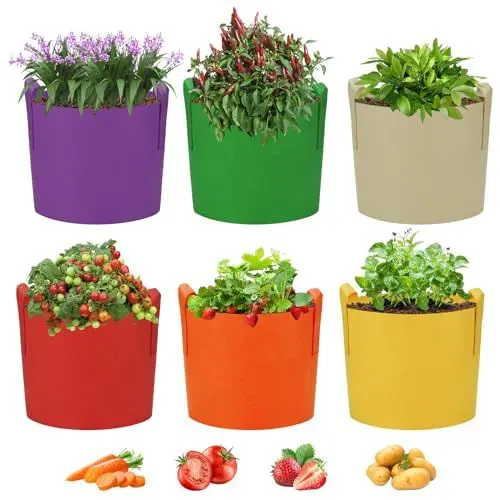 Produktbild: Ohiyoo 6 Stück 28 L Pflanze Wachsende Tasche, 7 Gallone Vliesstoff Pflanztasche Pflanzsack mit Griffe für Kartoffeln, Mehrfarbig Garten Pflanzbeutel für Gemüse, Kartoffel, Tomaten (7 Gallone, 28 L)