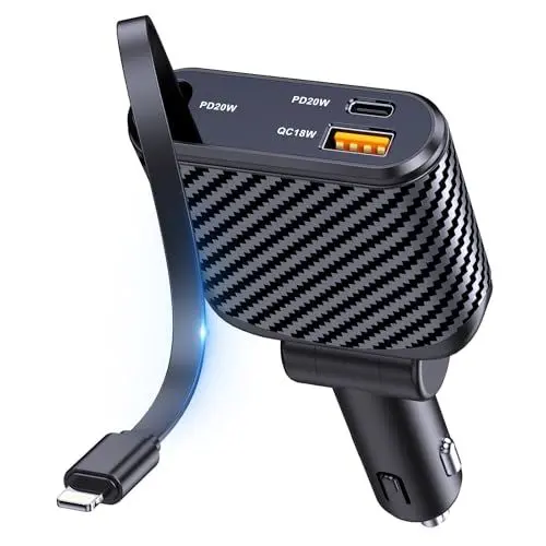 Produktbild: OHLPRO Einziehbares Autoladegerät 3in1, 58W USB C Handy Schnellladegerät Zigarettenanzünder Stecker Adapter mit 80cm Retractable Ladekabel und 2 USB-Ports Charger für iPhone 16 15 14 13 Pro,Max, iPad