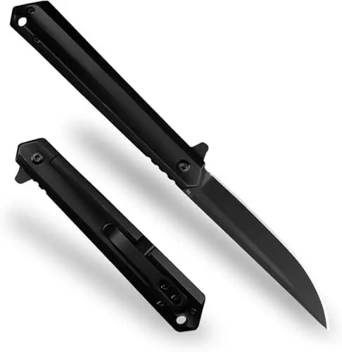 Produktbild: ohmonlyhoo Klappmesser, Einhandmesser mit Edelstahlgriff und Taschenclip, Taschenmesser für Camping, Wandern, Geschenk für Männer, Schwarz
