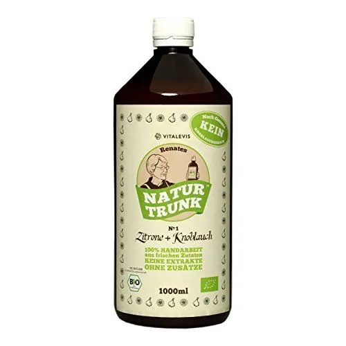 Produktbild: OHNE Konservierungsstoffe! Bio! Renates NaturTrunk Nr. 1 Zitrone + Knoblauch, 1x 1000ml in PET-Flasche, DE-ÖKO-006, handwerklich hergestellt in kleinen Stückzahlen mit von Hand geschältem Knoblauch.