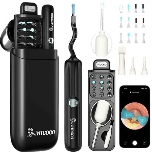 Produktbild: Ohrenschmalz Entferner Otoskop, VITCOCO 1080P HD Ohrenreiniger mit Painless Tweezers, Flexibel Ohrreiniger mit IP67 Wasserdicht, 12 Soft Tips, 3 Inspektionsköpfe, für Erwachsene, Kinder und Haustier
