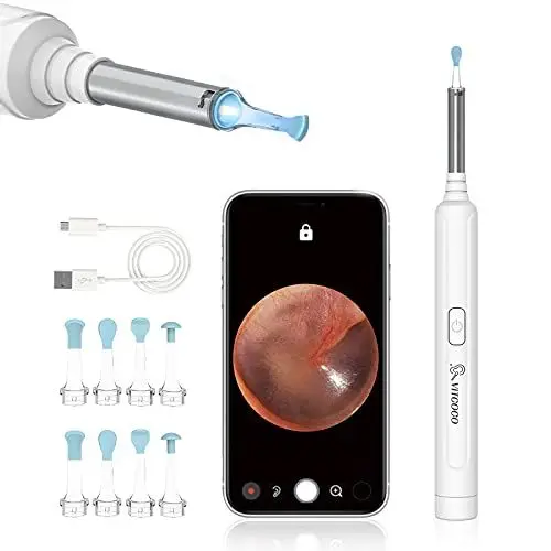 Produktbild: Ohrenschmalz Entferner Otoskop, VITCOCO WiFi Ohrenreiniger Kamera 5MP HD Ohr Kamera IP67 wasserdicht Ohrenspiegel 3.5mm Linse Ohr Endoskop mit 6 LEDs für iPhone, iPad und Android-Smartphones(Weiß)