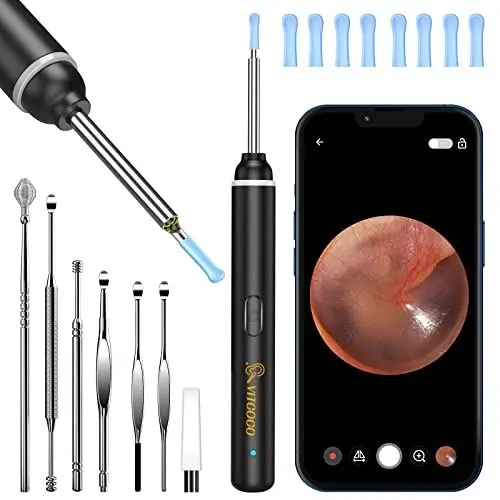 Produktbild: Ohrenschmalz Entferner Otoskop, VITCOCO Wifi Ohrenreiniger Kamera 3.0mm Ultradünne Ohr Kamera IP67 wasserdicht Ohr Endoskop 5 MP HD Ohr Reiniger mit 6 LEDs für iPhone/iPad, iOS, Android-Schwarz