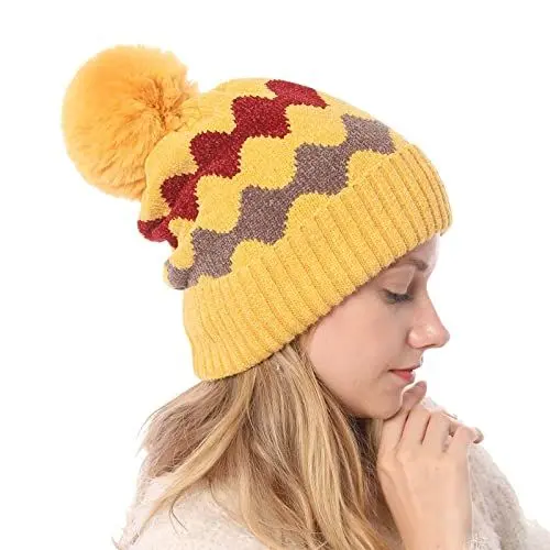 Produktbild: Ohrenschützer Damen Grobstrick Zopfstrick Faux Pom Poms gefüttert Skimütze Kinder (Yellow, One Size)