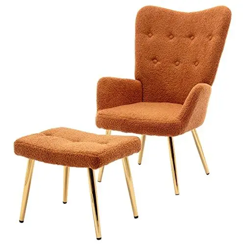Produktbild: Ohrensessel Einzelsessel Relaxsessel & -liegen passender Hockererhältlich Einzelsessel Lounge-Sessel Einladungssofa DekorativerSessel mit Fußschemel Wohnzimmer Schlafzimmer Esszimmerstuhl (Orange)