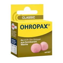Produktbild: OHROPAX Classic Ohrstöpsel – Vor-Ohr-Stöpsel zum Schutz vor Lärm, Nässe und Wind – aus formbarem, anschmiegsamen Wachs – bequem und für alle Ohren geeignet – Schalldämmwert SNR 21 dB – 4 Stück