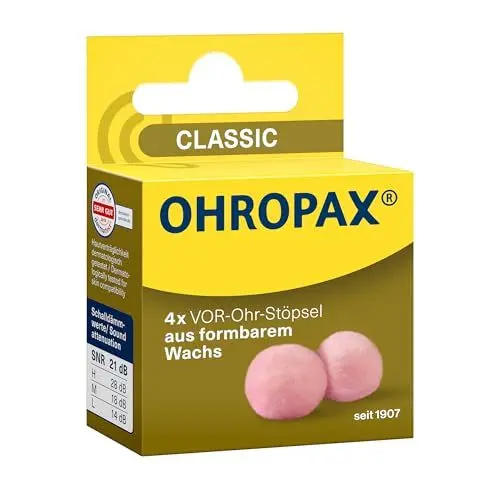 Produktbild: OHROPAX Classic Ohrstöpsel – Vor-Ohr-Stöpsel zum Schutz vor Lärm, Nässe und Wind – aus formbarem, anschmiegsamen Wachs – bequem und für alle Ohren geeignet – Schalldämmwert SNR 21 dB – 4 Stück