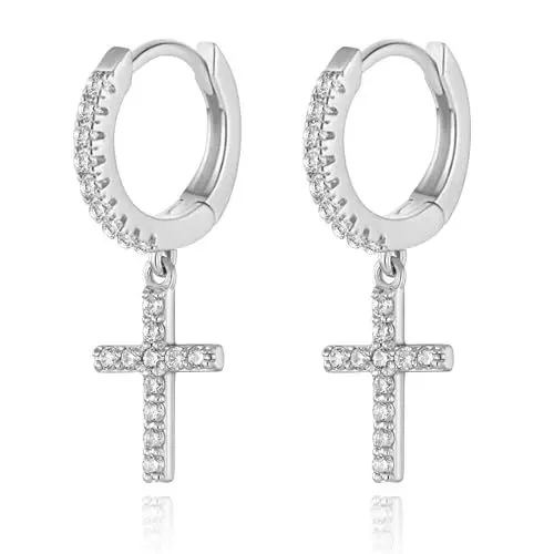 Produktbild: Ohrring Dangle Huggie kreuz ohrringe Silber Gold mit Kreuz Anhänger Schmuck Creolen Kreuz Klassisches Kruzifix Ohrringe Ohrstecker Ohrhänger Ohr-Piercing für Damen Herren Mädchen (Kreuz Silber)
