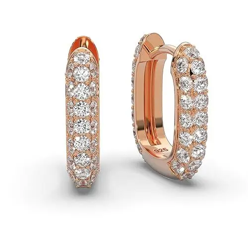 Produktbild: Ohrringe Creolen Damen Rosegold vergoldet | Frauen Kreolen klein breit mit Zirkonia-Steinen | Klappcreolen Hoops Huggies u-förmig oval rechteckig | Schmuck-Geschenk für Frauen Freundin