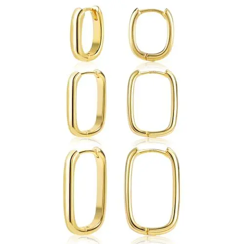 Produktbild: Ohrringe Gold Eckig Creolen Damen, Silber 925 Ohrringe Creolen Gold Set, Geometrische Quadrat Ohrringe Gold Set Creolen Eckig Kleine Knorpel Huggies Kreolen Creolen Gold Eckig Ohrringe für Damen