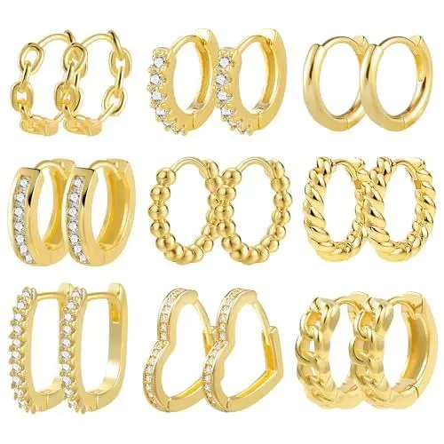 Produktbild: Ohrringe Set Gold, 9 Paar Multipack Creolen Gold Set 14k Echt Vergoldete Creolen Kleine für Damen, Creolen mit AAA+ Zirkonia Knorpel Piercing Ohrringe Creolen Gold Quadrat Twist Herz Ketten