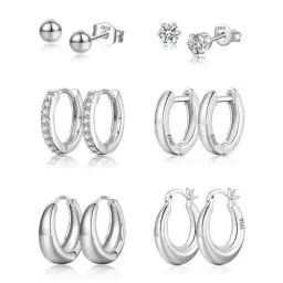 Produktbild: Ohrringe Silber 925,6 Paar Creolen Silber 925 und Ohrstecker Silber Set für Damen Hypoallergen Knorpel Huggie Creolen Silber Klein und Kugel Zirkonia Ohrstecker Silber 925 für Mehrere Ohrlöcher