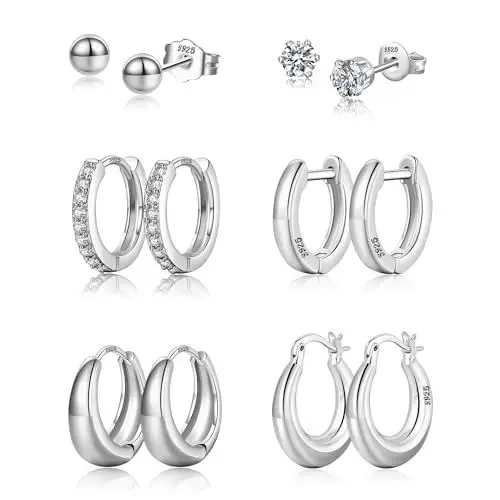 Produktbild: Ohrringe Silber 925,6 Paar Creolen Silber 925 und Ohrstecker Silber Set für Damen Hypoallergen Knorpel Creolen Silber Klein und Kugel Zirkonia Ohrstecker Silber 925 für Mehrere Ohrlöcher