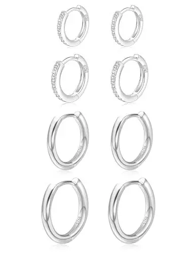 Produktbild: Ohrringe Silber Set 4 Paare 925 Sterling Silber Creolen Ohrringe Set Hypoallergen Klein Schlafen Creolen Ohrringe mit Silber Kreolen Ohrringe Set in 8/10/12/14mm (Silber 4 paar Damen Ohrringe)