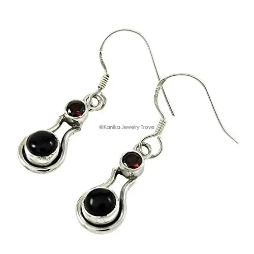 Produktbild: Ohrringe aus 925er Sterlingsilber, handgefertigt, mit natürlichen schwarzen Onyx- und Granat-Multi-Edelstein-Ohrringen für Frauen