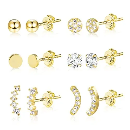 Produktbild: Ohrstecker Gold Set, 6 Paar kleine Ohrstecker Ohrringe Sterling Silber 925 für Damen Mädchen, Bling Ohrstecker mit AAA Zirkon Kristall, Hypoallergen Knorpel Ohrstecker