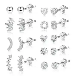 Produktbild: ASH'S CHOICE Ohrstecker Silber 925 - 10 Paar Multipack Ohrringe für Damen Mit Zirkon Strass, Herz, Kugel, Blatt - Kleine Silber Ohrringe Set