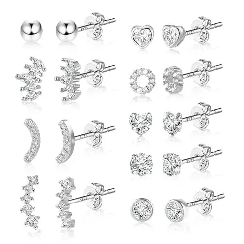 Produktbild: ASH'S CHOICE Ohrstecker Silber 925 - 10 Paar Multipack Ohrringe für Damen Mit Zirkon Strass, Herz, Kugel, Blatt - Kleine Silber Ohrringe Set