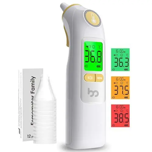 Produktbild: Ohrthermometer, Fieberthermometer Ohr für Baby Erwachsene, digitales Infrarot-Thermometer mit 24 Einweg-Schutzkappen, hygienisch und genau, gelb