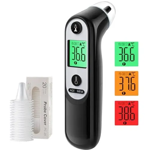 Produktbild: Ohrthermometer für Baby Erwachsene, Ohr Fieberthermometer mit Altersmessung und farbcodierte Temperaturanzeige, digitales infrarot-Thermometer mit 21*Einweg-Schutzkappen(Schwarz)