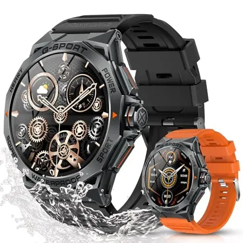Produktbild: OHUGNA Smartwatch für Herren (2 Uhrenbänder), 1,4 Zoll AMOLED HD-Bildschirm, Fitness-Tracker mit IP68 wasserdicht, 100+ Sport-Schlaf-Tracker, Smartwatch, kompatibel mit Android iOS