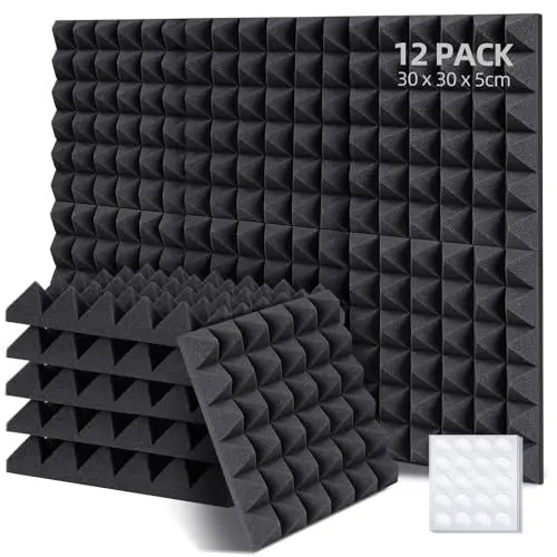 Produktbild: Ohuhu Akustikschaumstoff Akustikpaneele 12 Stück mit Aufkleber, 30 x 30 x 5 cm Pyramidenplatten Schallschutz Wand Schallschutzplatten Schalldämmung für Tonstudio Podcasts Youtube-Zimmer, Anthrazit