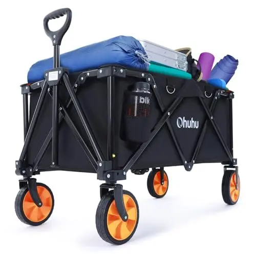Produktbild: Ohuhu Bollerwagen Faltbar Handwagen mit Verstellbarem Griff für All-Terrain, 145L 180kg Belastbarkeit Strandwagen Gartenwagen Gerätewagen mit Seitentasche für Garten Camping Einkaufen, Schwarz